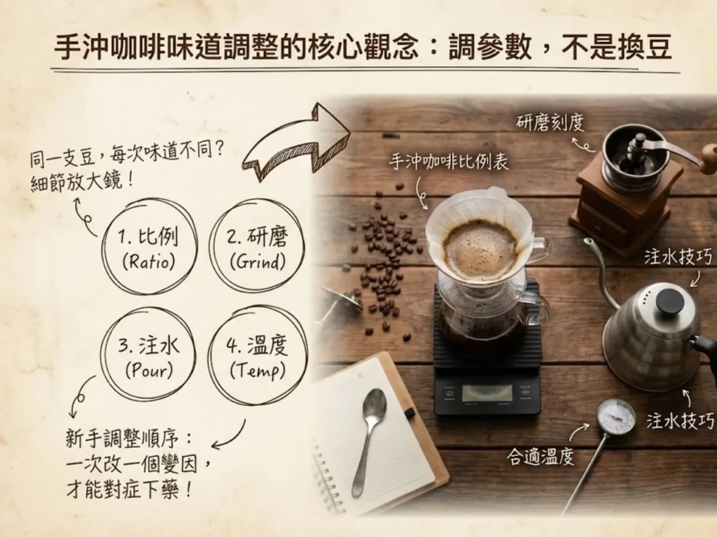手沖咖啡味道調整 手沖咖啡比例表 手沖咖啡注水技巧 手沖咖啡研磨刻度 手沖咖啡溫度
