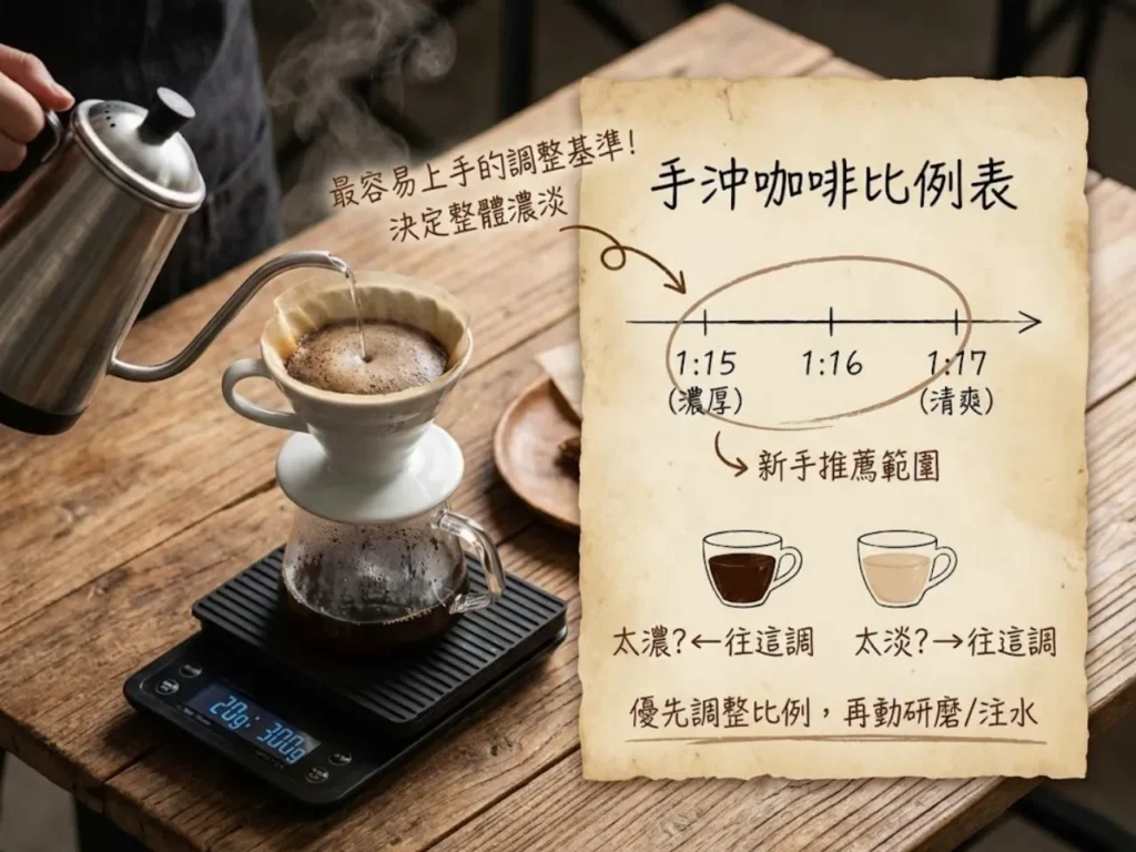 手沖咖啡味道調整 手沖咖啡比例表 手沖咖啡注水技巧 手沖咖啡研磨刻度 手沖咖啡溫度
